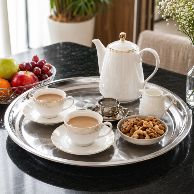 Stainless Steel Round Serving Tray – Mirror Polish Silver (30 x 2.5cm)