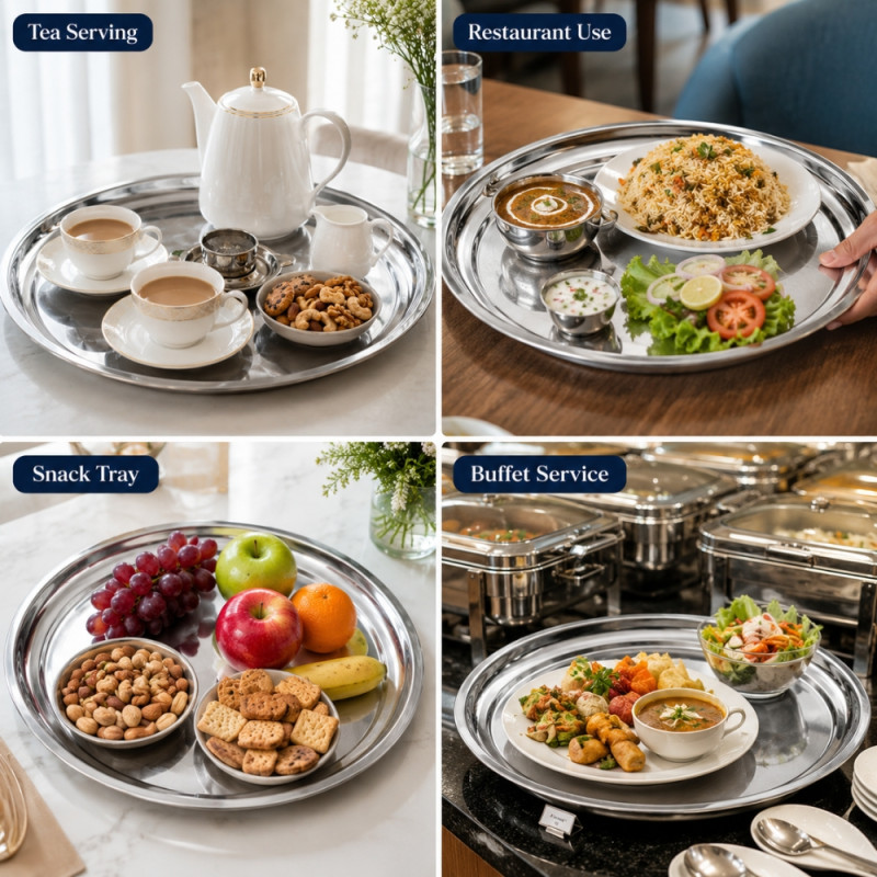 Stainless Steel Round Serving Tray – Mirror Polish Silver (30 x 2.5cm)