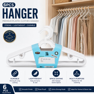 White Plastic Clothes Hangers Set – 6-Piece Pack – 19.5 x 38cm