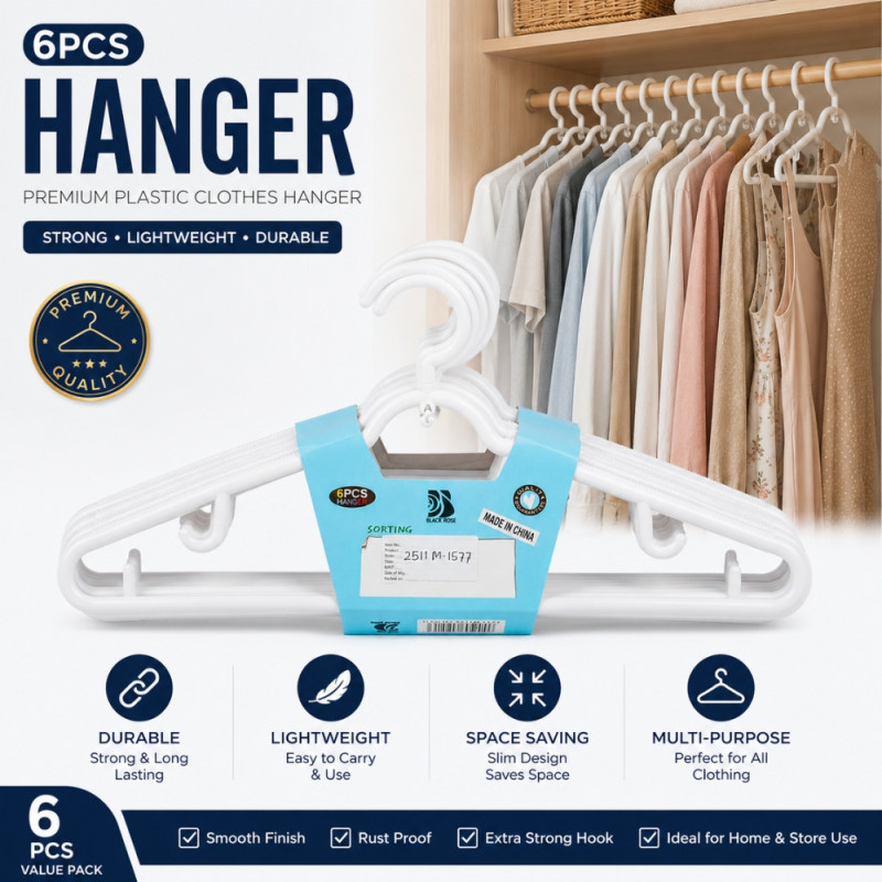 White Plastic Clothes Hangers Set – 6-Piece Pack – 19.5 x 38cm