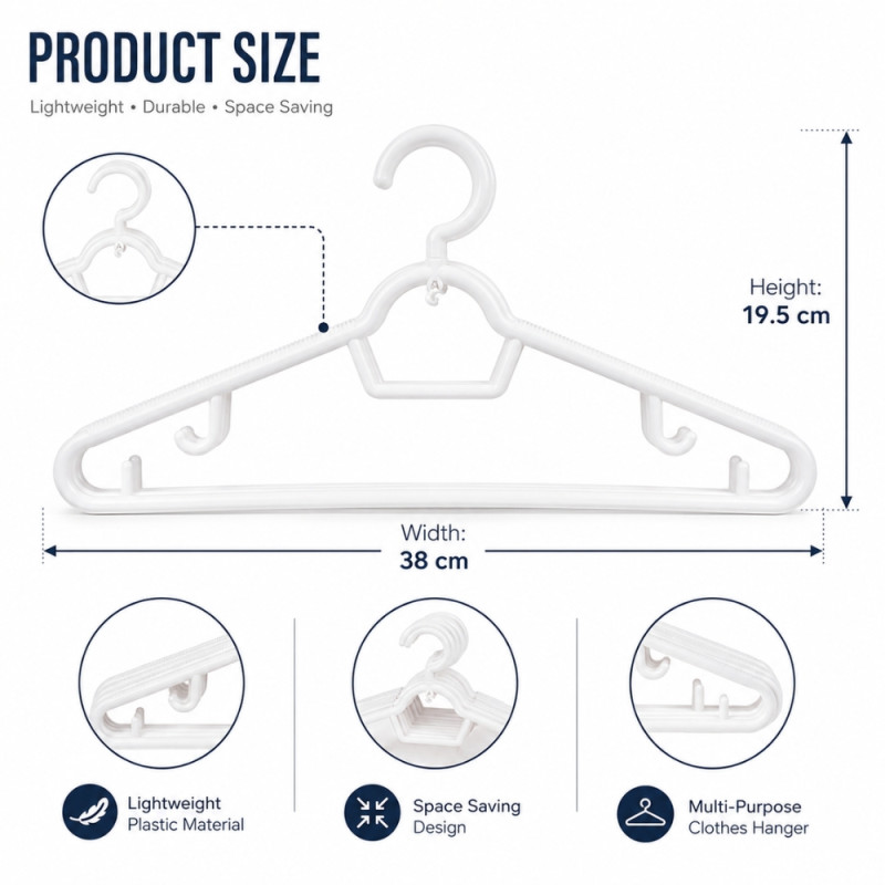 White Plastic Clothes Hangers Set – 6-Piece Pack – 19.5 x 38cm
