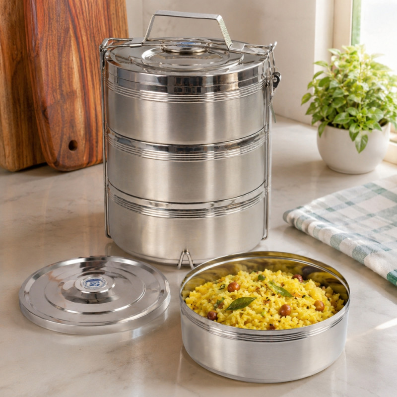 Lunch Box Designed for Meal Prep & On-the-Go Dining – Stainless Steel (H-27, W-23 CM)