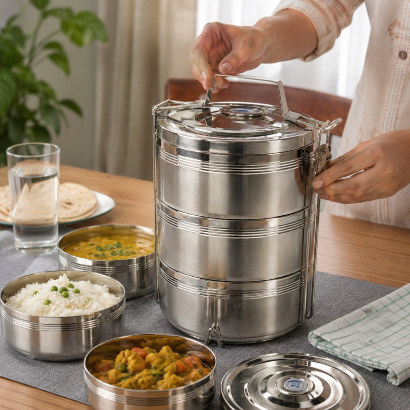 Lunch Box Designed for Meal Prep & On-the-Go Dining – Stainless Steel (H-27, W-23 CM)