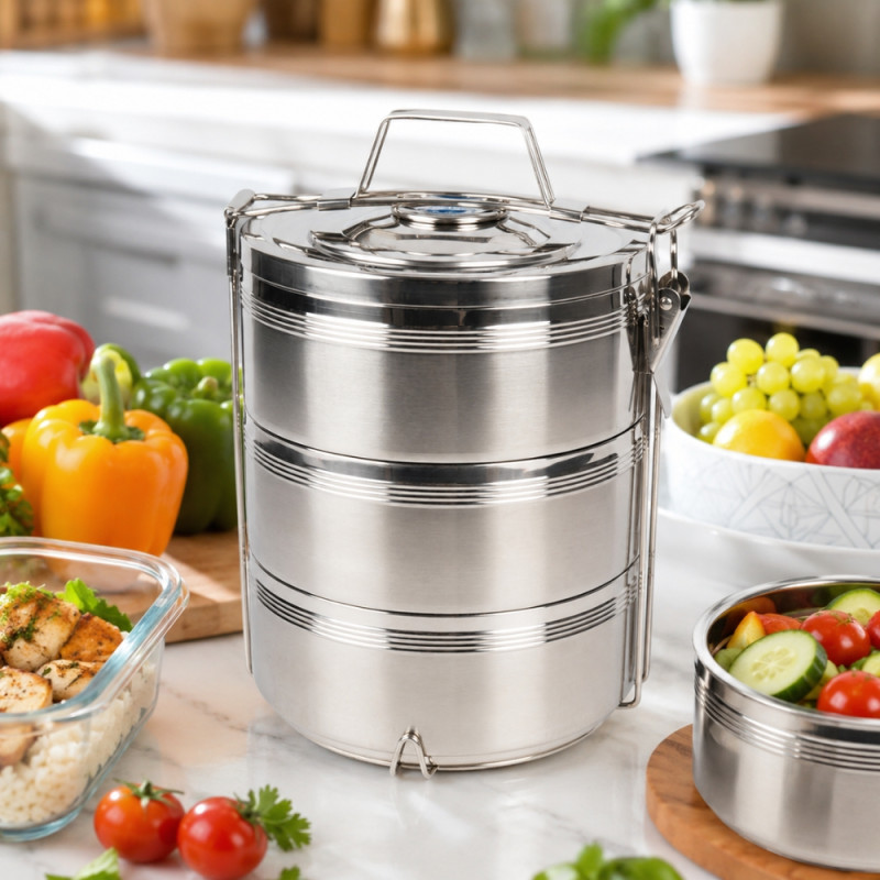 Lunch Box Designed for Meal Prep & On-the-Go Dining – Stainless Steel (H-27, W-23 CM)