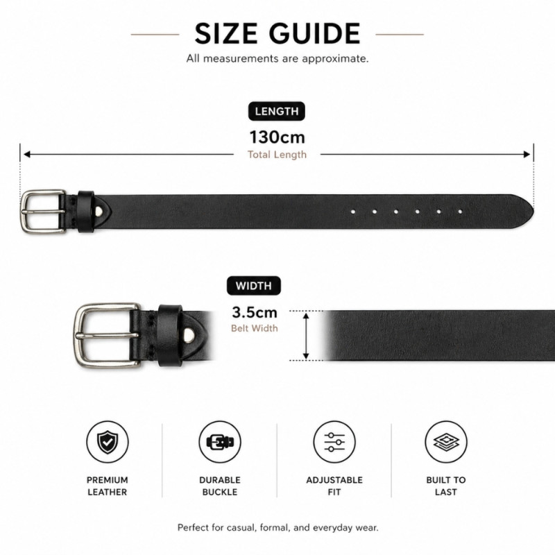 Executive Genuine Leather Belt – Onyx Black with Silver Pin Buckle (130cm)