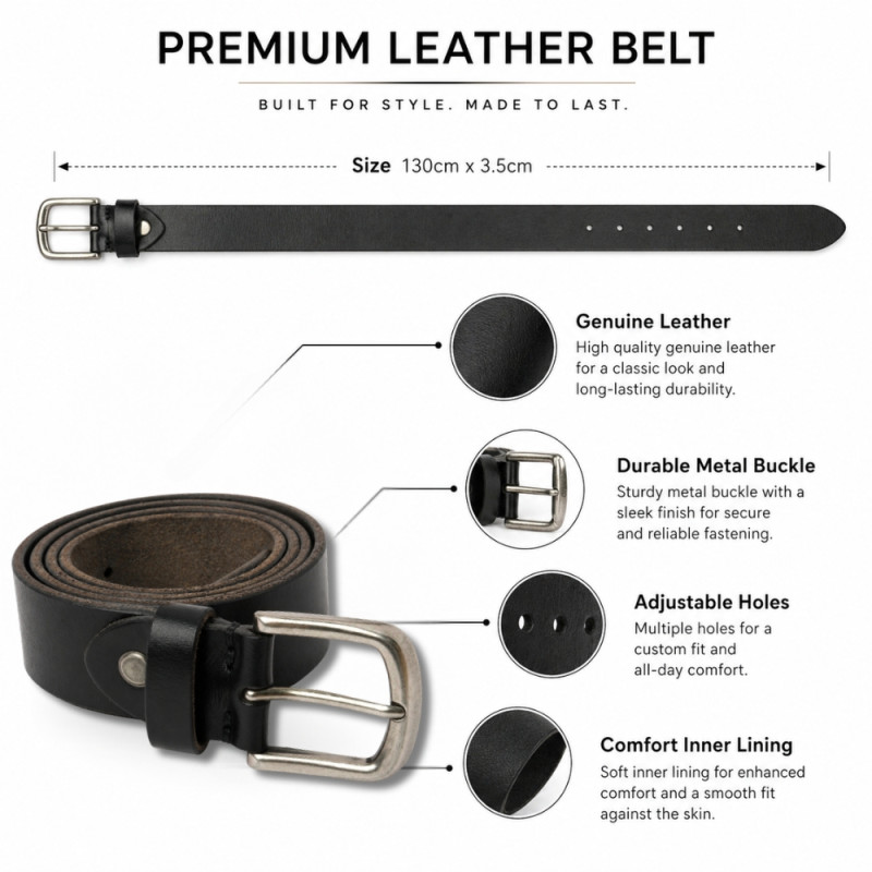 Executive Genuine Leather Belt – Onyx Black with Silver Pin Buckle (130cm)