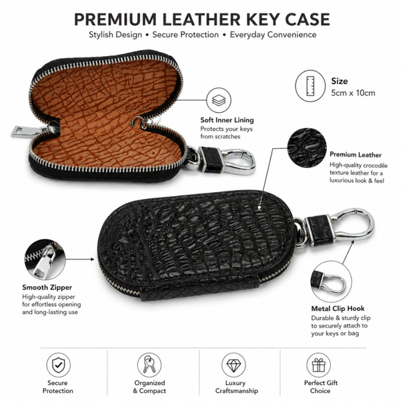 Professional Crocodile-Textured Leather Key Case Wallet – Sleek Black (10cm)