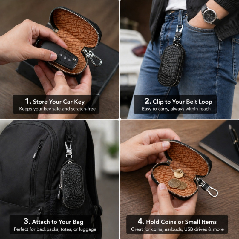 Professional Crocodile-Textured Leather Key Case Wallet – Sleek Black (10cm)