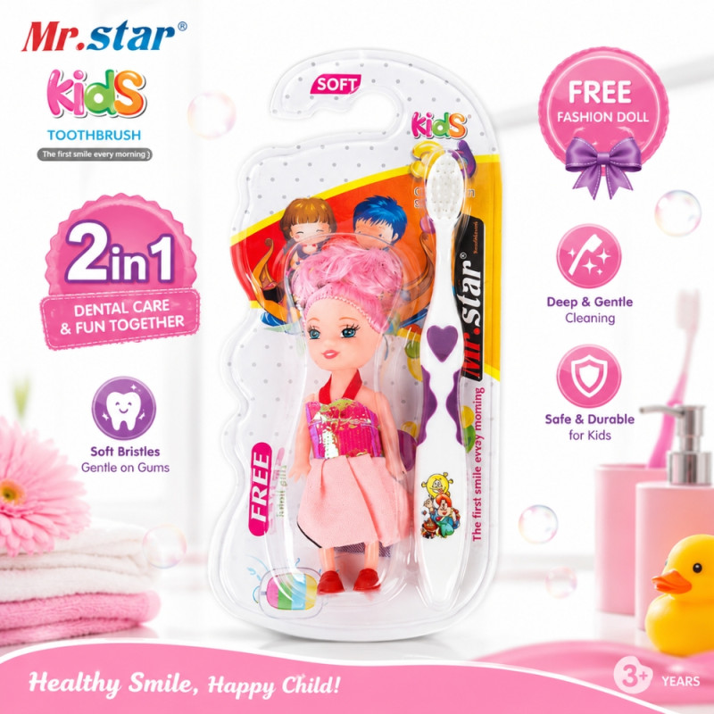 Vitalizing Kids toothbrush featuring a doll handle for fun dental care – White & Violet (15cm)