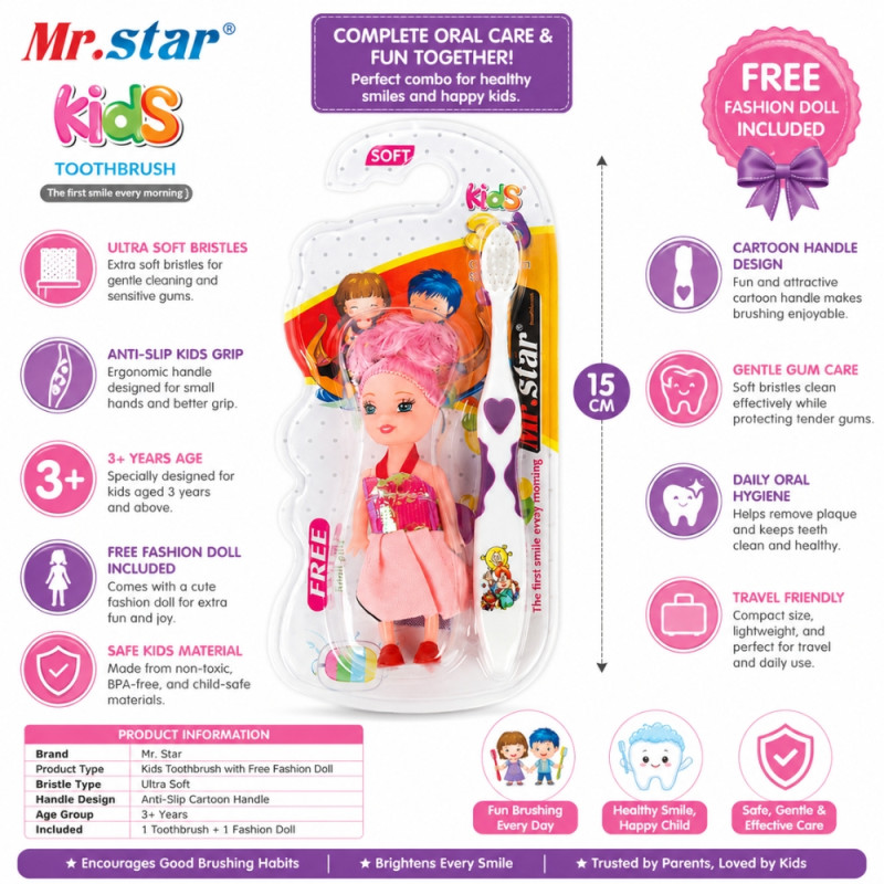 Vitalizing Kids toothbrush featuring a doll handle for fun dental care – White & Violet (15cm)