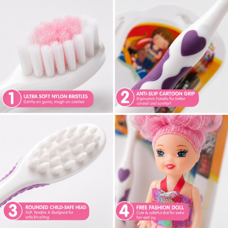 Vitalizing Kids toothbrush featuring a doll handle for fun dental care – White & Violet (15cm)