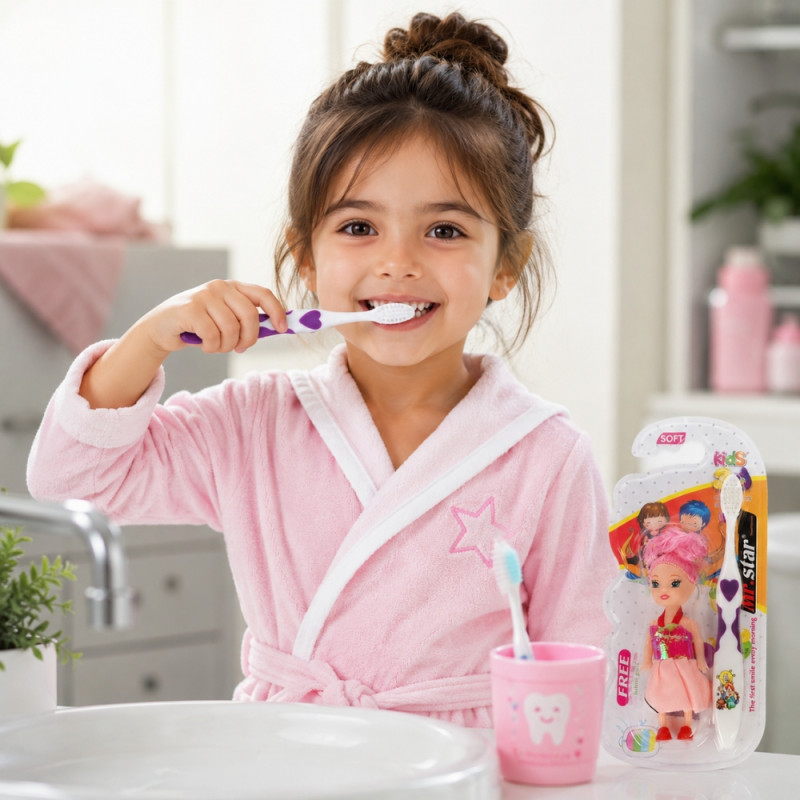 Vitalizing Kids toothbrush featuring a doll handle for fun dental care – White & Violet (15cm)