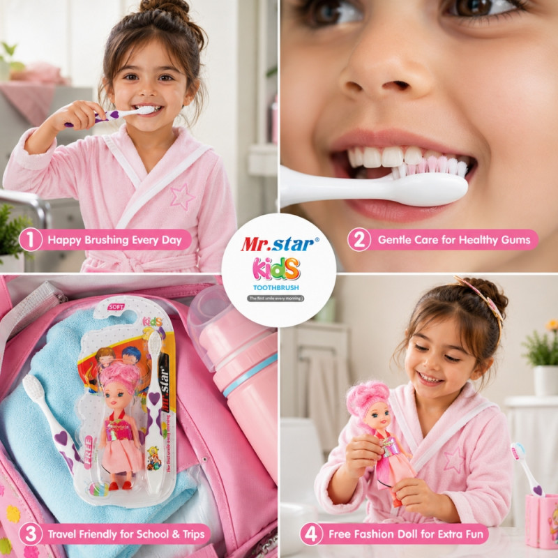 Vitalizing Kids toothbrush featuring a doll handle for fun dental care – White & Violet (15cm)