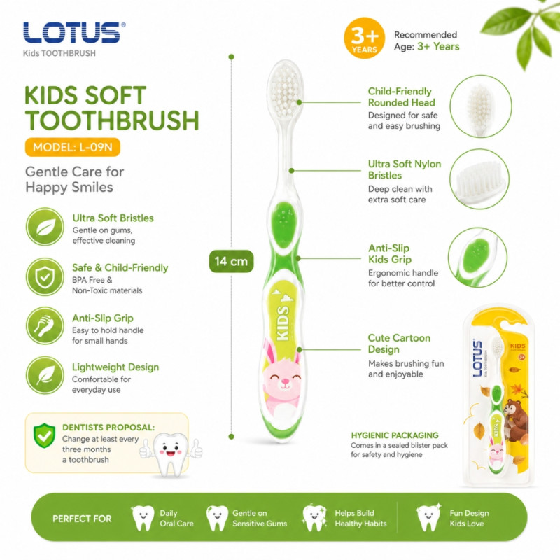 Provocative Lotus Kids soft bristle toothbrush designed for children aged 3 and up – White & Green (14cm)