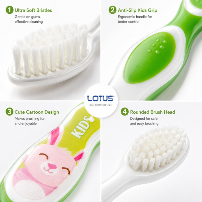 Provocative Lotus Kids soft bristle toothbrush designed for children aged 3 and up – White & Green (14cm)