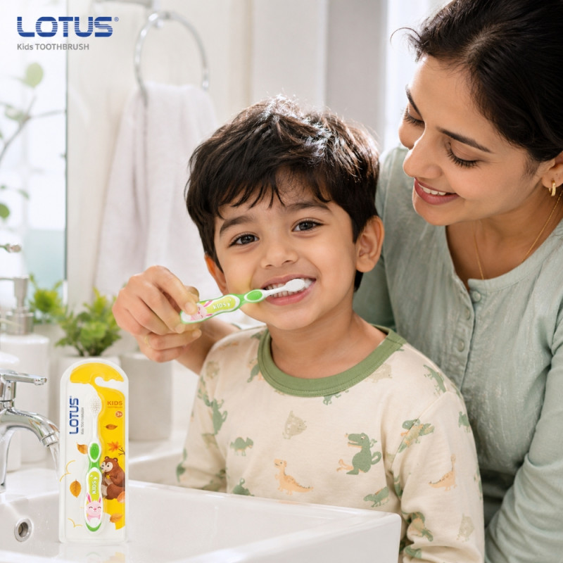 Provocative Lotus Kids soft bristle toothbrush designed for children aged 3 and up – White & Green (14cm)