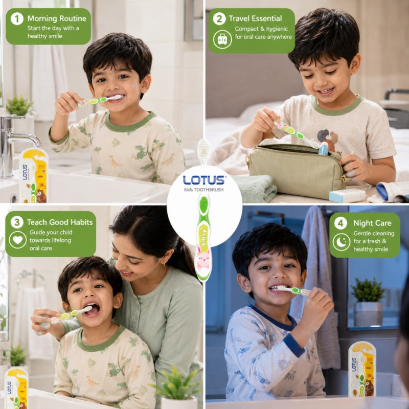 Provocative Lotus Kids soft bristle toothbrush designed for children aged 3 and up – White & Green (14cm)