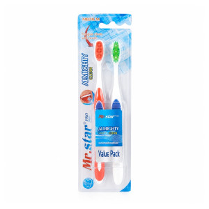Sustainable Almighty Clean medium toothbrushes, available in a two-pack. – White & Blue & Orange (18.5cm) Sustainable Almighty Clean medium toothbrushes, available in a two-pack. – White & Blue & Orange (18.5cm)