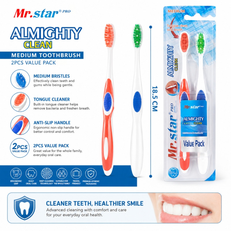Sustainable Almighty Clean medium toothbrushes, available in a two-pack. – White & Blue & Orange (18.5cm)