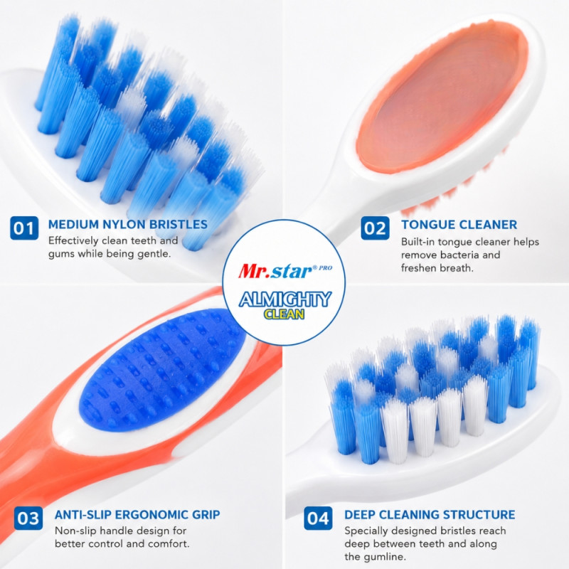 Sustainable Almighty Clean medium toothbrushes, available in a two-pack. – White & Blue & Orange (18.5cm)