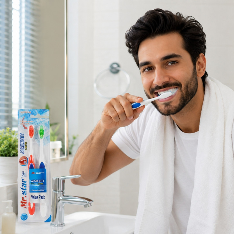 Sustainable Almighty Clean medium toothbrushes, available in a two-pack. – White & Blue & Orange (18.5cm)