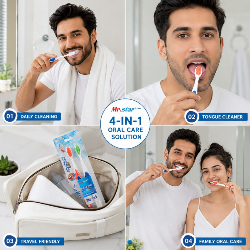 Sustainable Almighty Clean medium toothbrushes, available in a two-pack. – White & Blue & Orange (18.5cm)
