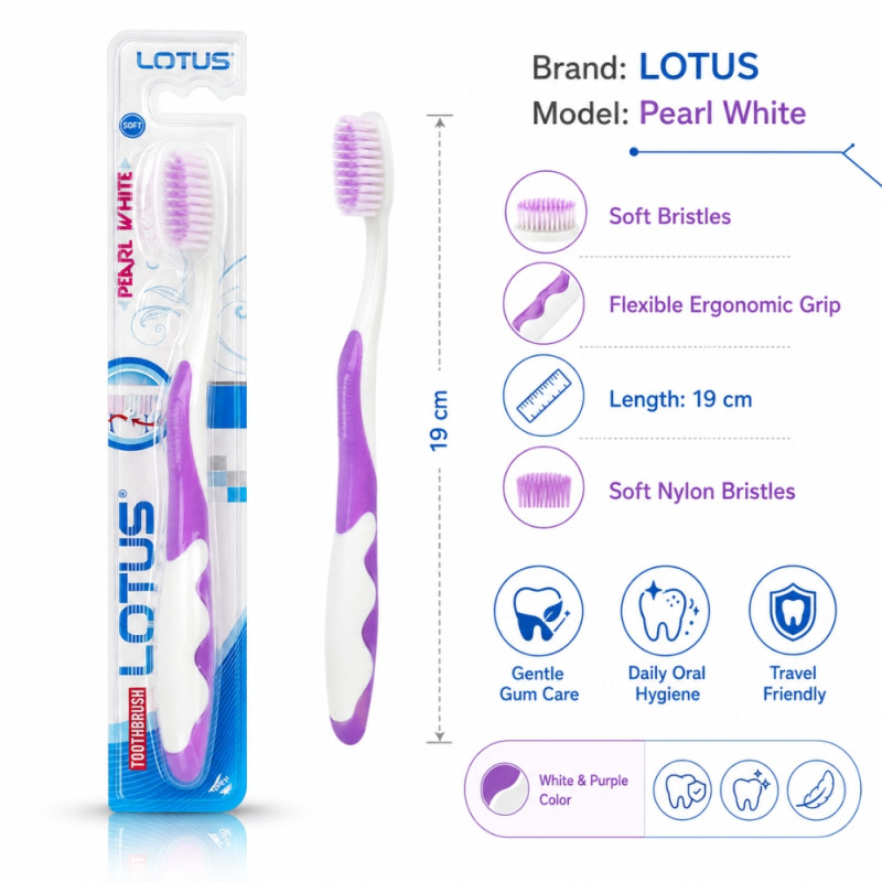 Alliterative Pearl White toothbrush with soft nylon bristles and a purple-white handle – White & Lavender (19cm)