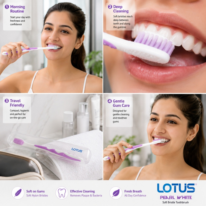 Alliterative Pearl White toothbrush with soft nylon bristles and a purple-white handle – White & Lavender (19cm)