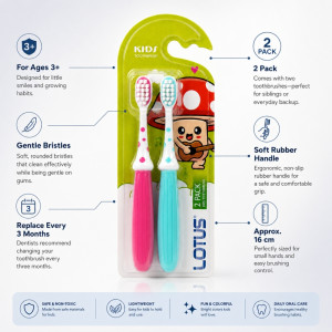 Lotus Kids' Manual Toothbrush 2-Pack Set – 16 cm – White, Hot Pink & Aqua