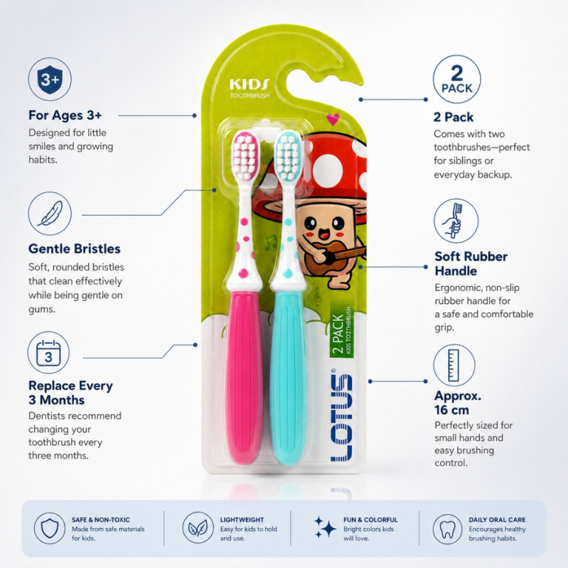 Lotus Kids' Manual Toothbrush 2-Pack Set – 16 cm – White, Hot Pink & Aqua