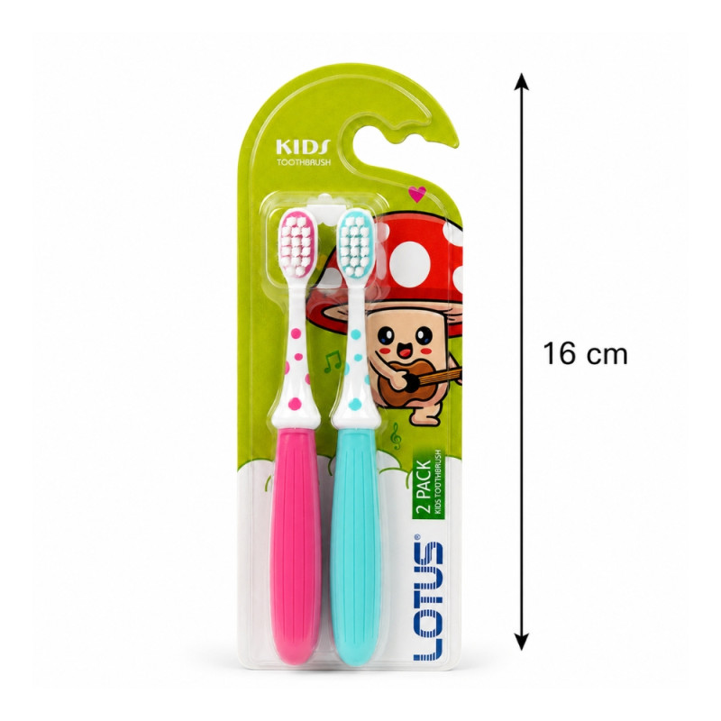 Lotus Kids' Manual Toothbrush 2-Pack Set – 16 cm – White, Hot Pink & Aqua