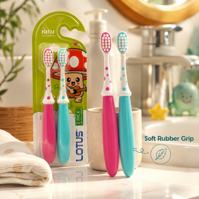 Lotus Kids' Manual Toothbrush 2-Pack Set – 16 cm – White, Hot Pink & Aqua