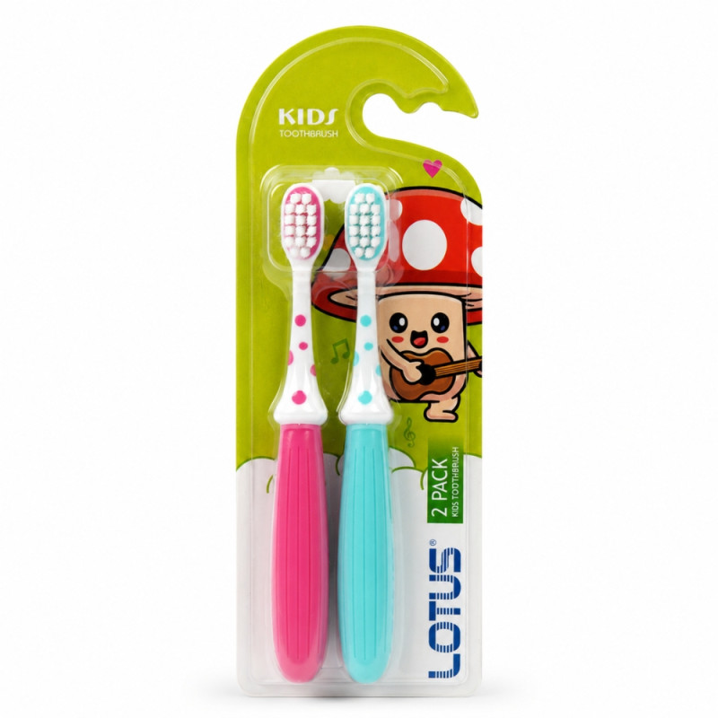 Lotus Kids' Manual Toothbrush 2-Pack Set – 16 cm – White, Hot Pink & Aqua