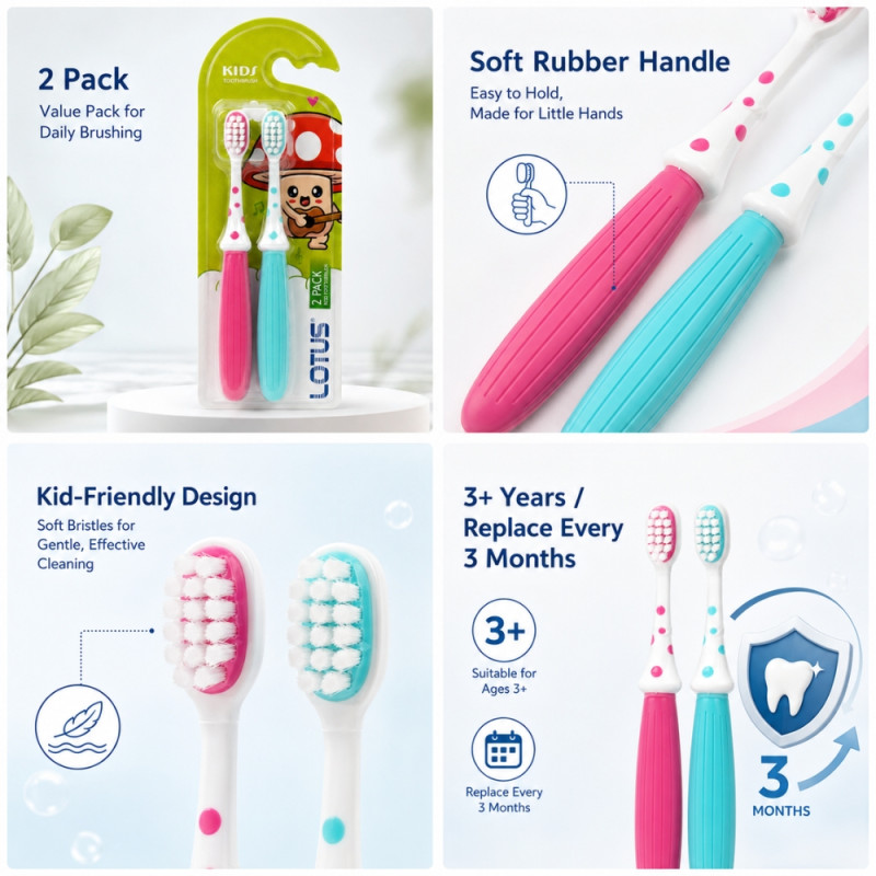 Lotus Kids' Manual Toothbrush 2-Pack Set – 16 cm – White, Hot Pink & Aqua