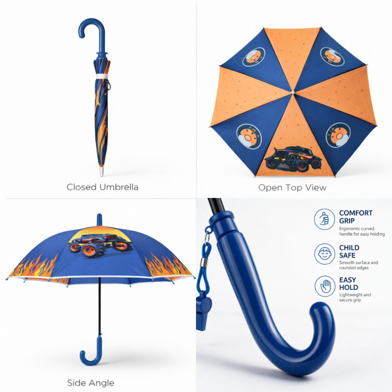 Children's Blue Monster Truck Themed Umbrella – 66 x 80cm – Dark Blue