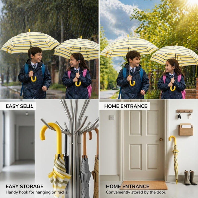 Classic Striped Rain Umbrella – Vibrant Yellow & White with Curved Handle (90cm)