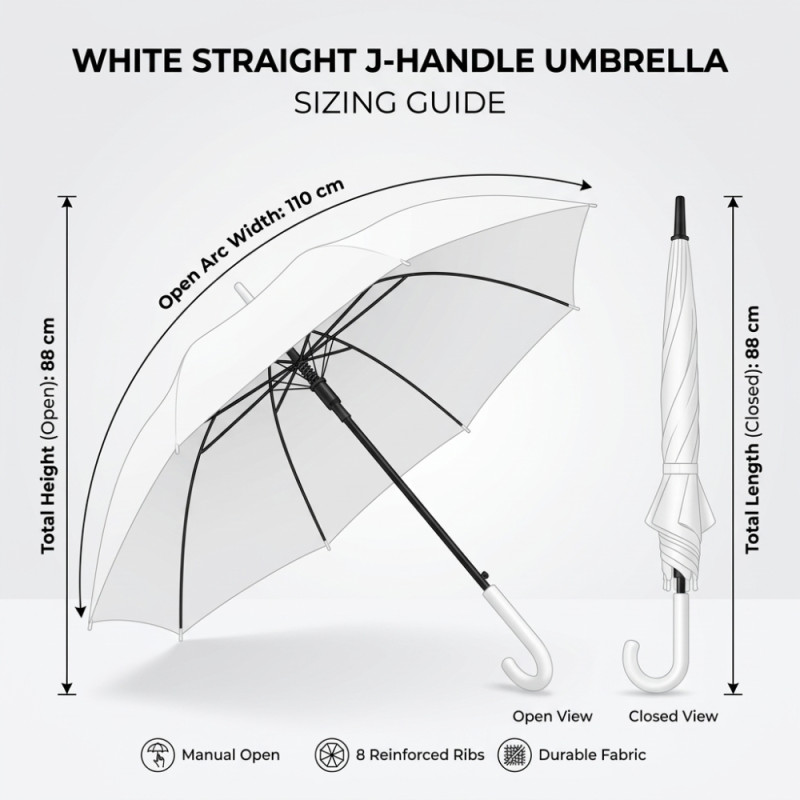White Straight J-Handle Stick Umbrella – 88cm x 110cm