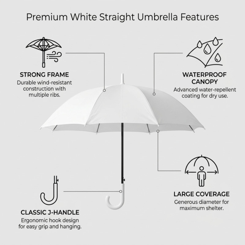 White Straight J-Handle Stick Umbrella – 88cm x 110cm