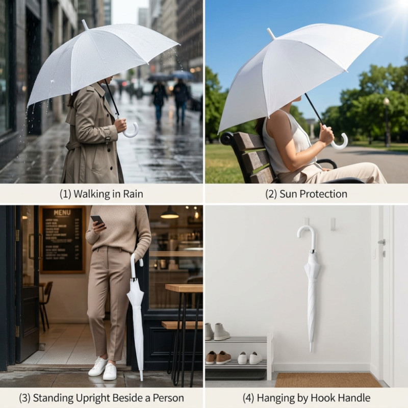 White Straight J-Handle Stick Umbrella – 88cm x 110cm