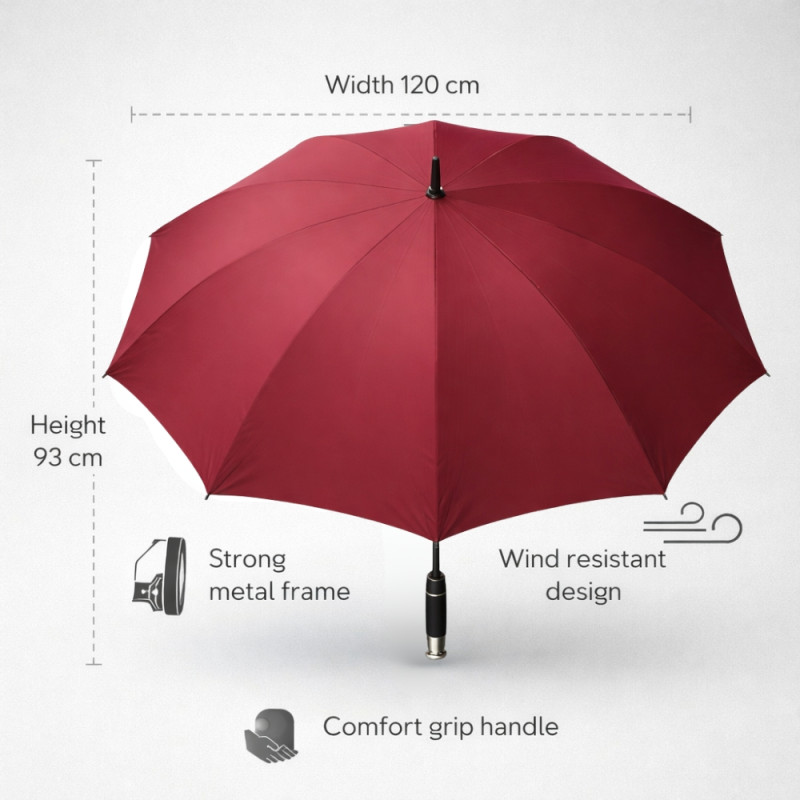 Wine Red Wind-Resistant Umbrella with Comfort Grip Handle and Strong Metal Frame