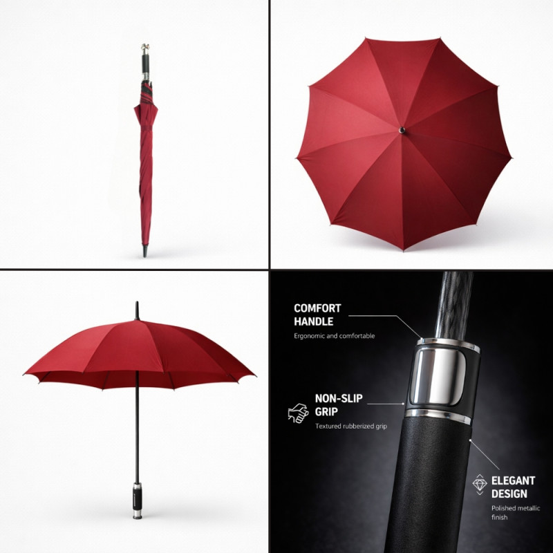 Wine Red Wind-Resistant Umbrella with Comfort Grip Handle and Strong Metal Frame
