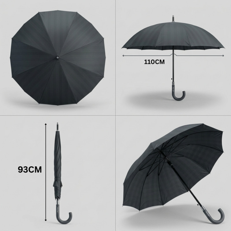 110cm Diameter Black Stick Umbrella with a J-Hook Handle and a 93cm Total Length – Dark Gray