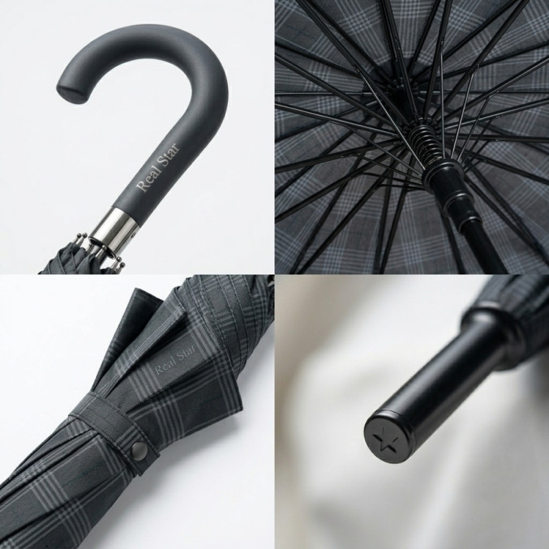 110cm Diameter Black Stick Umbrella with a J-Hook Handle and a 93cm Total Length – Dark Gray