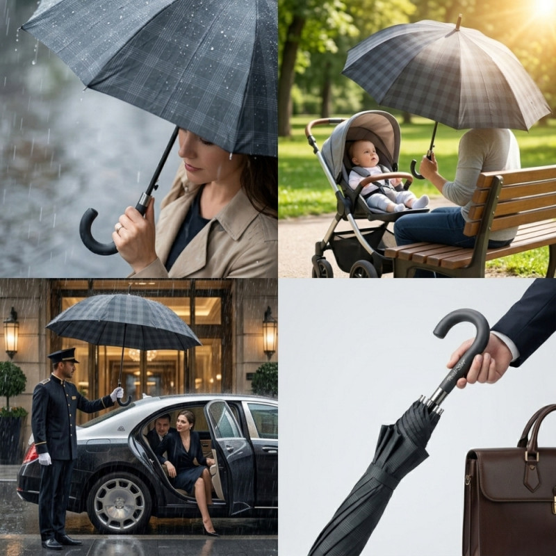 110cm Diameter Black Stick Umbrella with a J-Hook Handle and a 93cm Total Length – Dark Gray