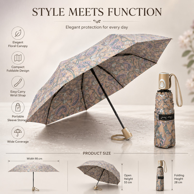Dune Craft Folding Umbrella Designed for Weather Protection & Style – Tan (H-28, W-98, L-55 CM)