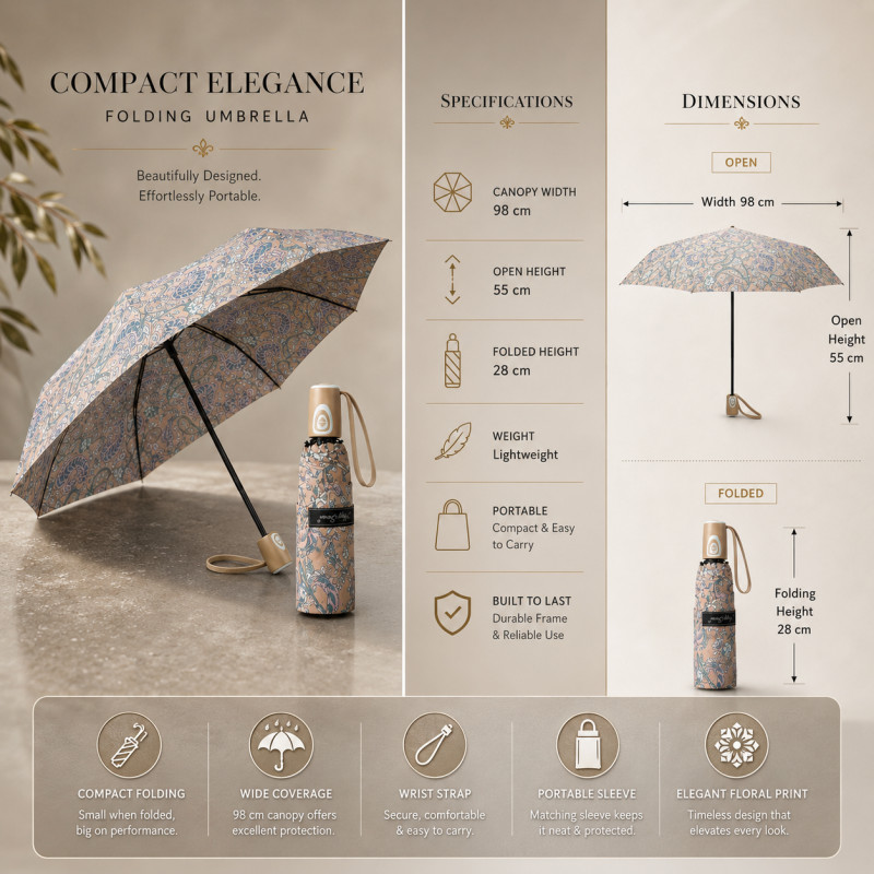Dune Craft Folding Umbrella Designed for Weather Protection & Style – Tan (H-28, W-98, L-55 CM)