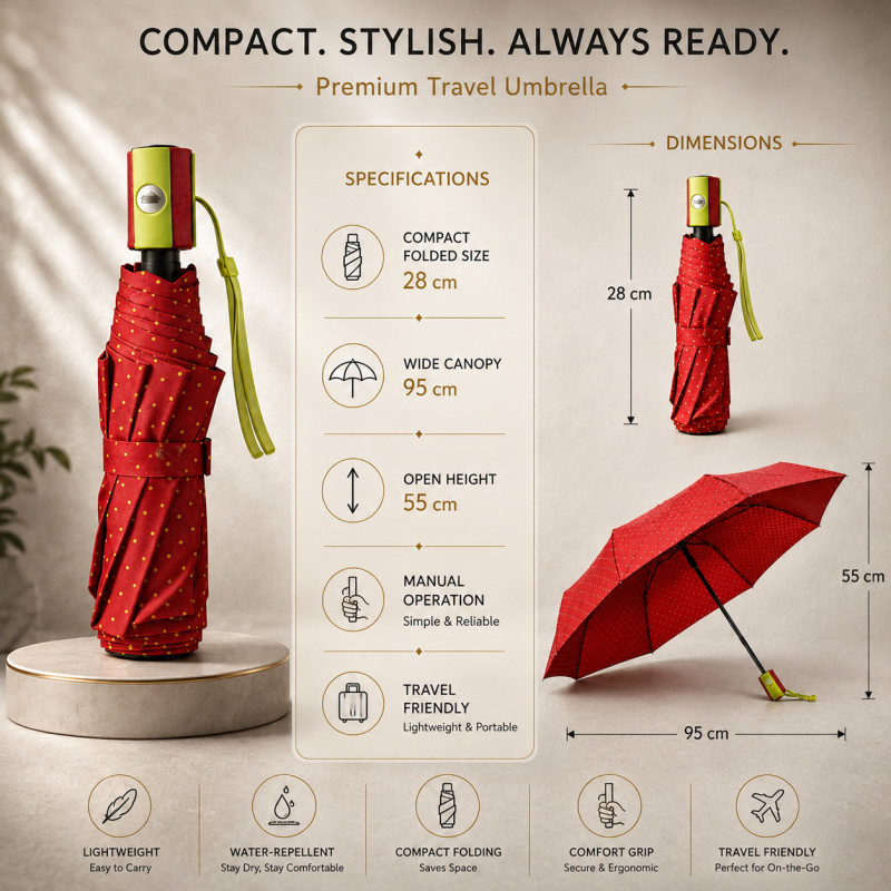 Stylish Glow Folding Umbrella Designed for Weather Protection &amp; Style – Red (H-28, W-95, L-55 CM)