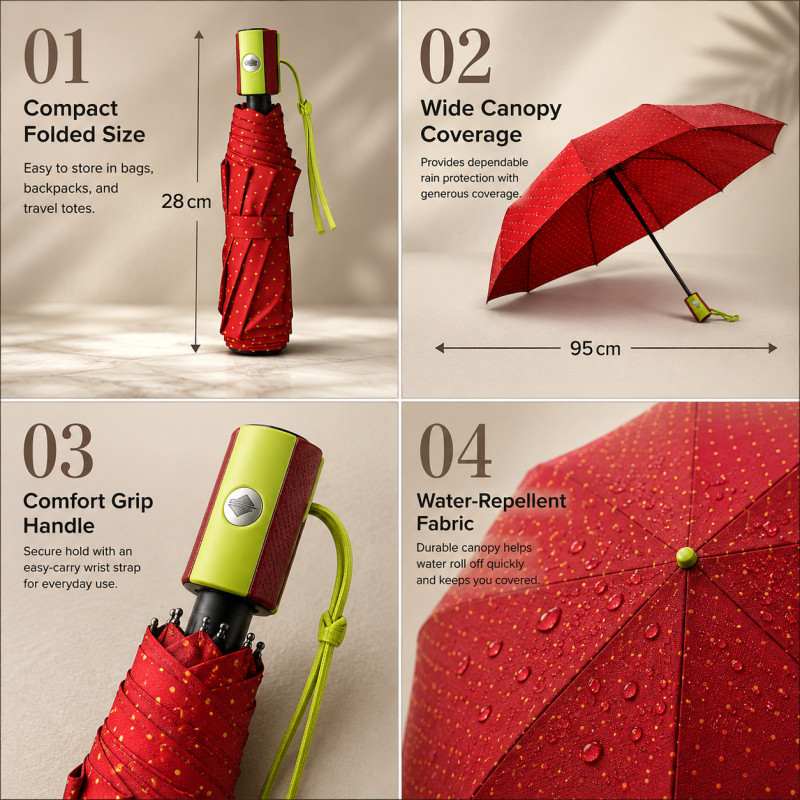 Stylish Glow Folding Umbrella Designed for Weather Protection &amp; Style – Red (H-28, W-95, L-55 CM)