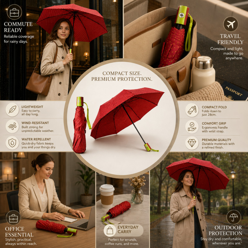 Stylish Glow Folding Umbrella Designed for Weather Protection &amp; Style – Red (H-28, W-95, L-55 CM)