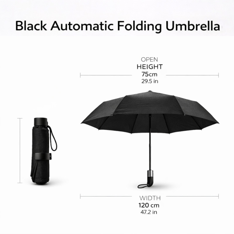 Versatile Automatic Black Folding Umbrella with Reinforced Frame and Water-Repellent Travel Canopy